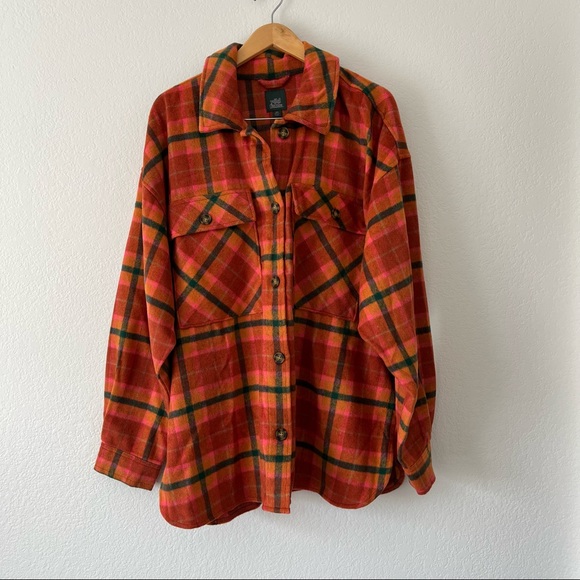 Orange fall flannel button down shacket jacket - Picture 1 of 4